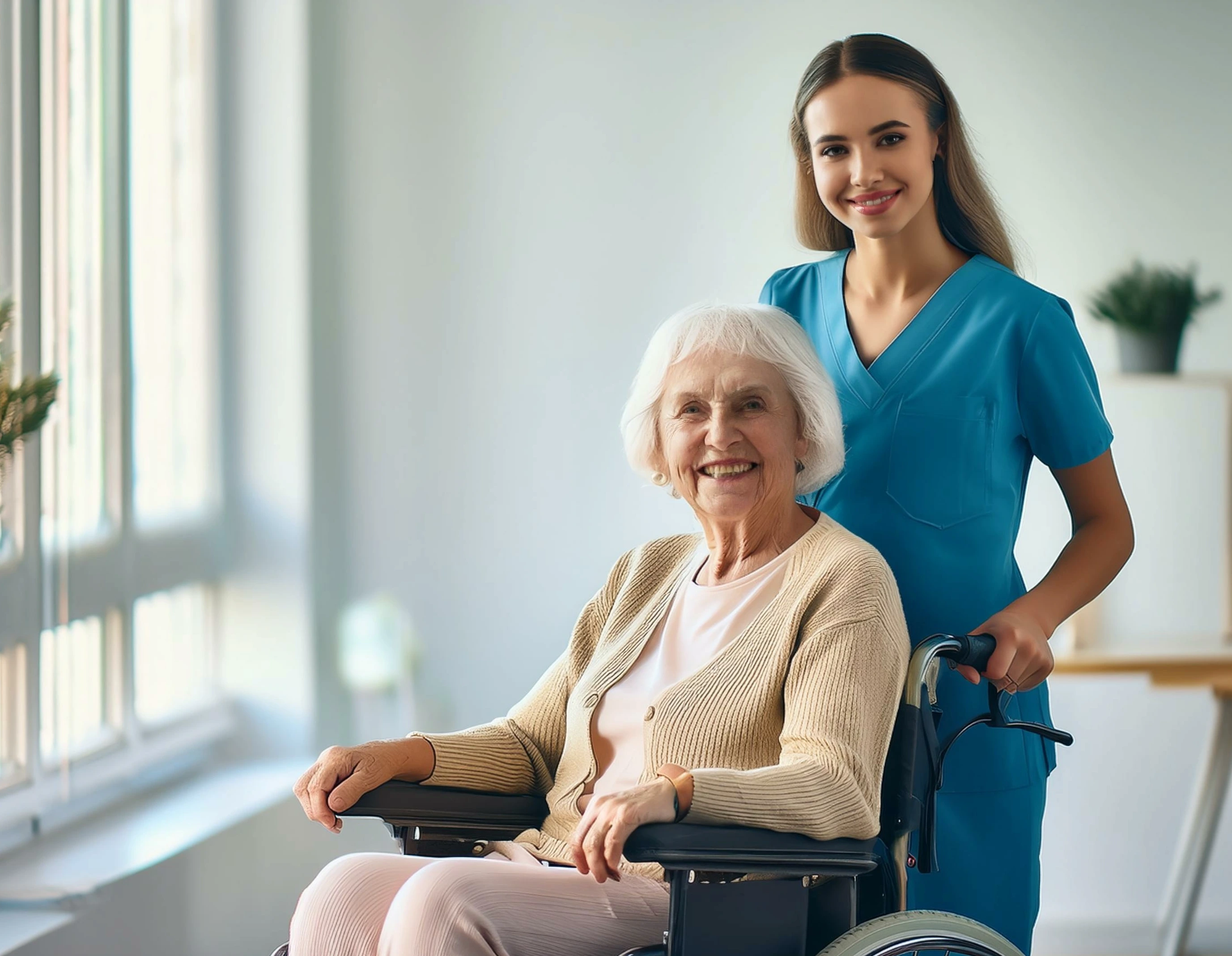 Pflegekraft begleitet eine Seniorin im Rollstuhl
