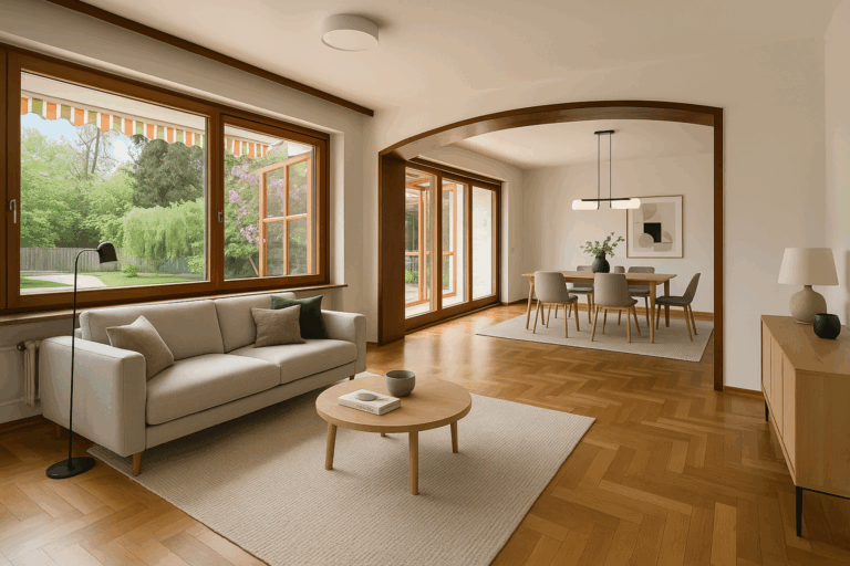 Dasselbe Wohnzimmer nach dem Home Staging, mit Sofa, Couchtisch und Essbereich eingerichtet