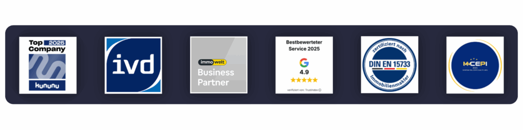 Auszeichnungen und Siegel: Top Company 2025, ivd, immowelt Business Partner, Google-Bewertung 4,9 Sterne, DIN EN 15733, MMCEPI